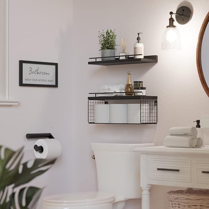 WOPITUES Floating Shelves for Bathroom Wall Decor Sign, Bathroom Organizers and Storage, Bathroom Shelves Over Toilet with Metal Guardrail-Black
