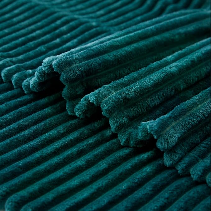 Vessia Flannel Fleece Dark Green Throw Blanket(50X70 Inch), 300GSM Warm Soft Comfy Forest Green Stripe Bed Blanket, Cozy Microfiber Ribbed Sofa Throw for All Season