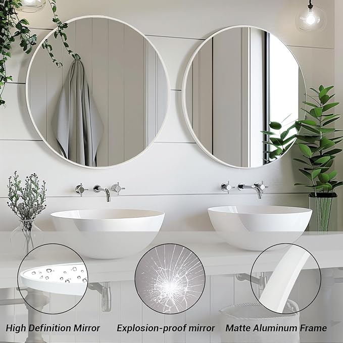 White Circle Mirror, Round Mirror 20 inch, White Round Mirrors Matte Metal Frame, Circle Mirrors for Bathroom, Bedroom, Living Room, Hallway.
