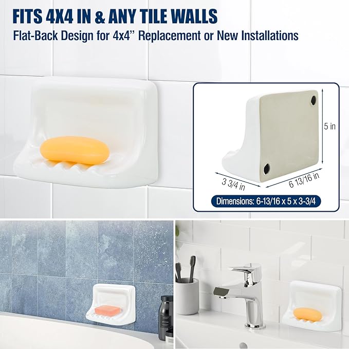 Shower Wall Soap Holder & Ceramic Soap Dish - Fits 4x4 Inch & Any Tile Walls, Heavy-Duty Flat-Back Design with Drainage Slope, No-Slip, Classic White