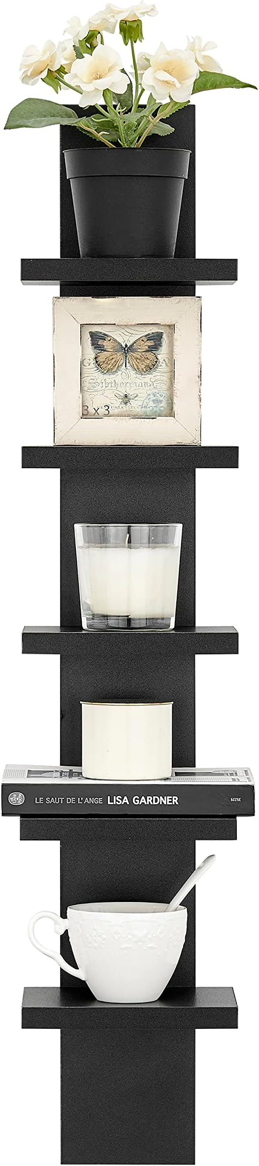 Danya B 5 Tier Wall Shelf Unit Narrow - Vertical Column Ladder Shelf, Floating Storage, Home Decor Organizer, Tall Tower Design, Utility Shelving, Bedroom, Living Room (Black)