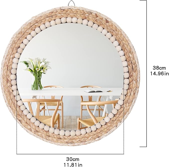 SWTHONY 15 Inch Boho Round Hanging Wall Mirror Decorative Rattan Circle Mirrors for Farmhouse, Living Room, Bedroom