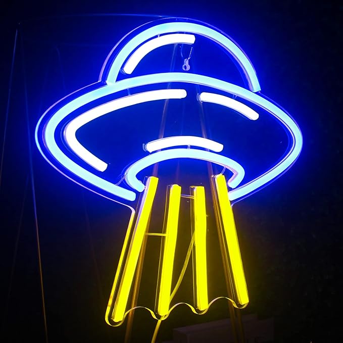 UFO Alien Spaceship LED Neon Light Signs Blue Yellow Neon Acrylic Wall Light Signs for Bedroom Kids Astronomy Lovers School Science Museum Decoration,Game Room, Aesthetic Room, Living Room Decor