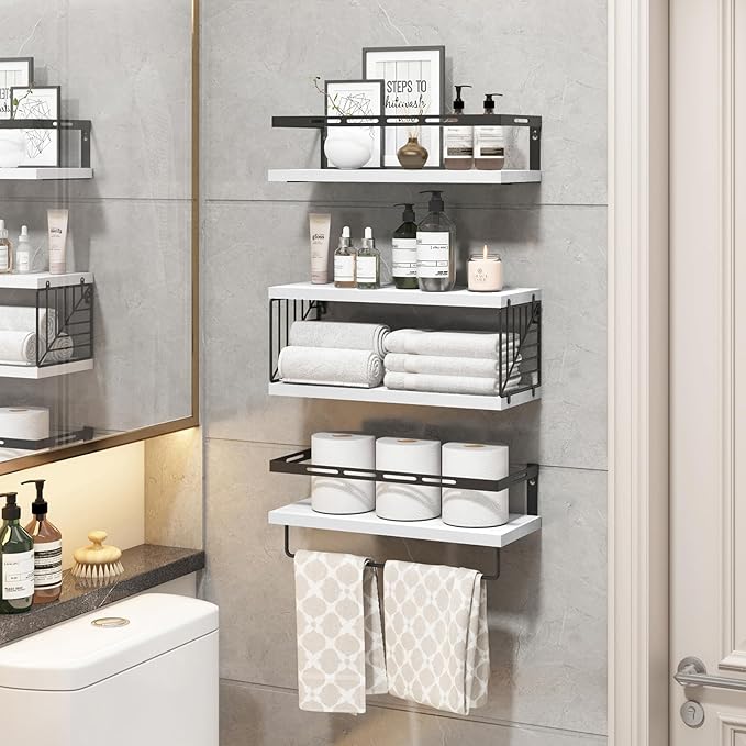 Fixwal Wall Mounted Bathroom Shelves Over Toilet, Rustic Wood Floating Shelves with Metal Frame and Towel Bar for Bathroom, Kitchen, Bedroom, Living Room (White)
