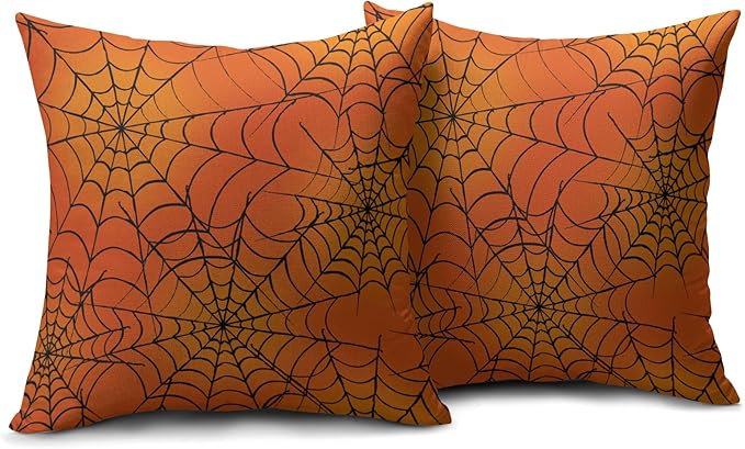 Halloween Spiderweb Pillow Covers 16x16 Set of 2 Orange Black Spider Web Outdoor Decorative Throw Pillows Halloween Scary Themed Farmhouse Pillowcases Linen Cushion Case Decor for Home Sofa Couch Bed