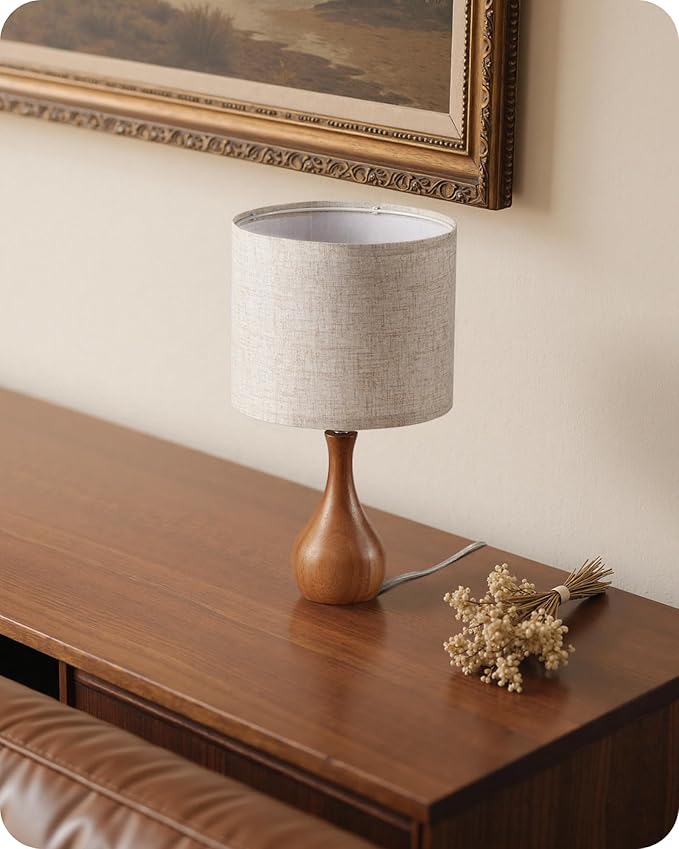 Small Table Lamp, Wood Desk Lamp with Bottle-Shaped Base and Linen Lampshade, Bedside Lamp with Cable, E26 Base, Bulb Not Included, for Living Room, Bedroom, Beige and Dark Natural LE09TL05