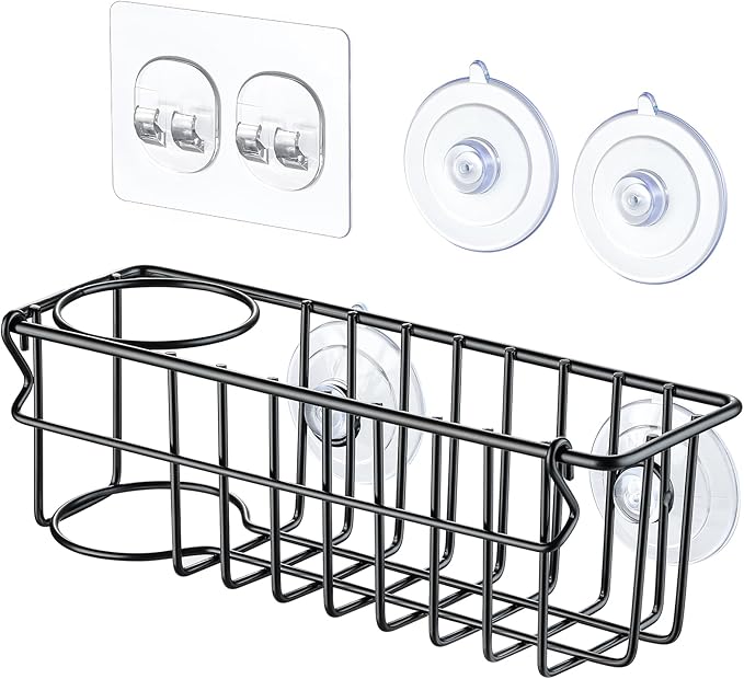 3-In-1 Sponge Holder for Kitchen Sink, 2 Type Suspension Options (Suction Cups & Adhesive Hook), Hanging Sink Caddy Organizer Rack - Sponge, Dish Cloth, Brush, Scrubber, 304 Stainless Steel - Black