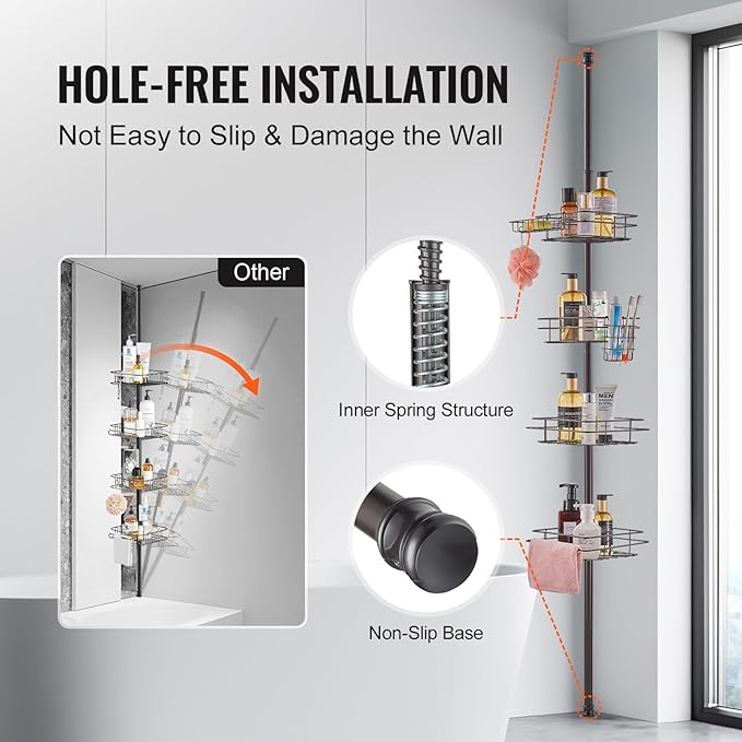 VEVOR Shower Corner Caddy Tension Pole, 42" to 114" High, Multi-Functional Shower Tension Pole with Strong Load-Bearing Tray, Rust-Proof Easy-to-Install, Fit for Bathroom & Washroom