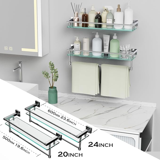 20" Glass Shelves for Wall with Towel Bar/Track SUS 304 Stainless Steel Shelf Tempered Glass Shelf, for Toilet, Room Decor(Chrome Polished, 24-inch)
