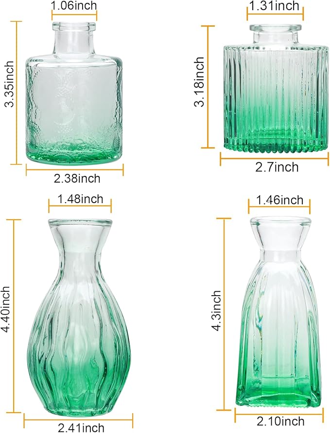 Mapoxy Glass Bud Vases Set of 4,Small Green Flower Vases for Wedding Centerpiece Table Decorations,Clear Vintage Embossed Mini Vases,Flower Arrangements in Vases for Party or Home Decor