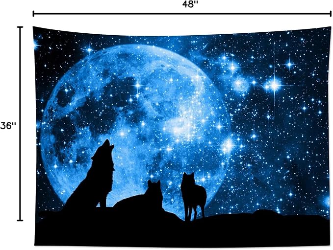 HVEST Wolf Tapestry Wall Hanging Full Moon in Blue Space Tapestries Wild Animal Wolves Wall Decor Blanket for Kids Bedroom Living Room Dorm Party (48X36)