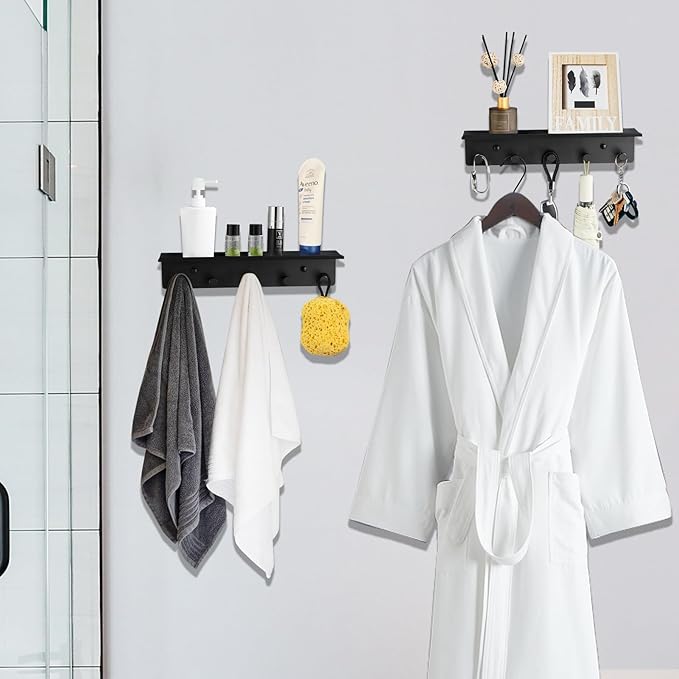 Towel Rack with Shelf Wall Mounted, Set of 2 Aluminum Bath Robe Hook, Outdoor Pool Holder or Bathroom Hot Tub Accessories, Metal Bathtub Hanger, Decor Display Storage for Hat Clothes Key Bag