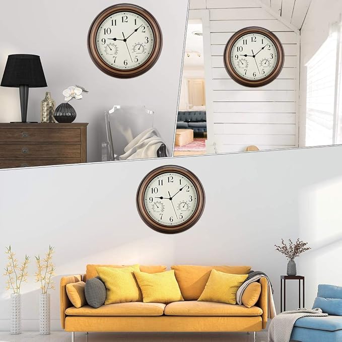 Rsobl 12 Inch Indoor Outdoor Wall Clock Waterproof with Temperature and Humidity Combo,Battery Operated Non Ticking Silent Clock Wall Decorative