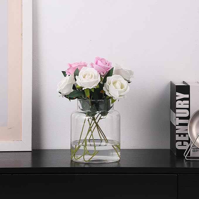 Large Glass Vase, 7 Inch Flower Vase, Glass Flower Vase for Bouquet, Clear Vase, Tall Vase, Wide Mouth Vase for Flowers, Large Vase for Home, Wedding, Living Room, Office Decor