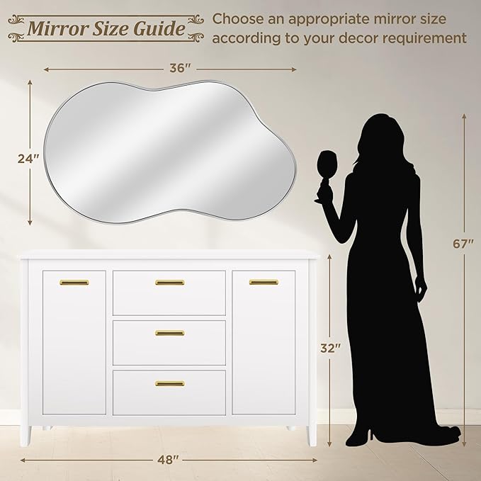 Irregular Wall Mirror - Wall Mirrors Decorative 24"x36" Silver Asymmetrical Mirror Tempered Glass Aviation Aluminum Alloy Frame for Bathroom, Bedroom, Living Room, Cloakroom, Entryway