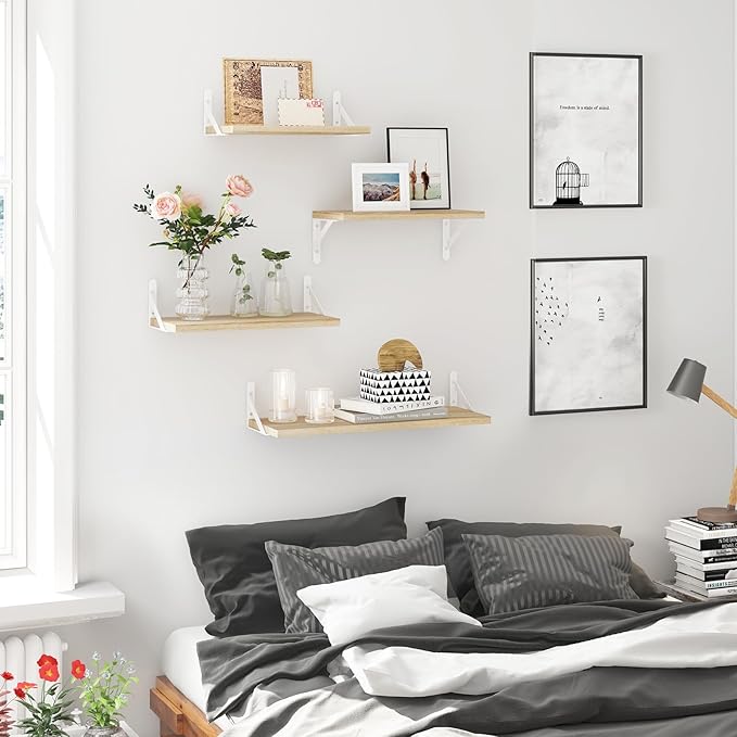 YGEOMER Floating Shelves for Wall, Different Sizes Natural Wood Wall Shelves for Living Room, Bathroom, Bedroom, Kitchen, Home Decor (Set of 4)