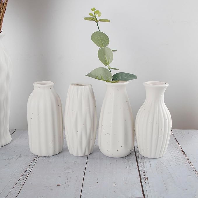 Set of 4 Small White Ceramic Vases Table Flower Vase Modern Decorative Vases for Pampas Grass, Small Vase for Home Living Room Dining Table Farmhouse Office Decor-4.9inch High