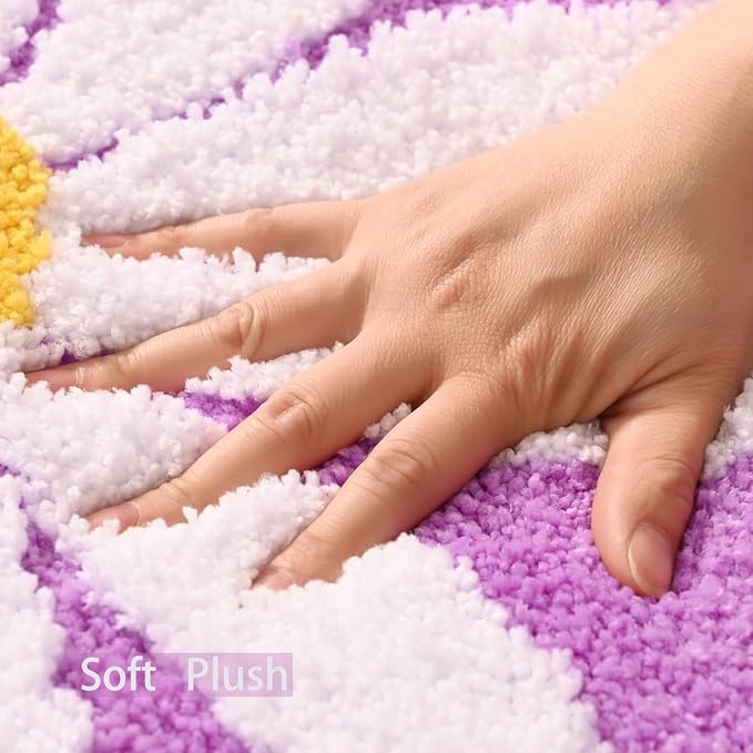 QJHOMO Purple Bathroom Rugs Cute Daisy Bath Mat White and Yellow Flower Decor Rug Non Slip Floor Carpet Microfiber Bathmat Super Absorbent Machine Washable Bathtub Mats for Shower (24x48 inch)
