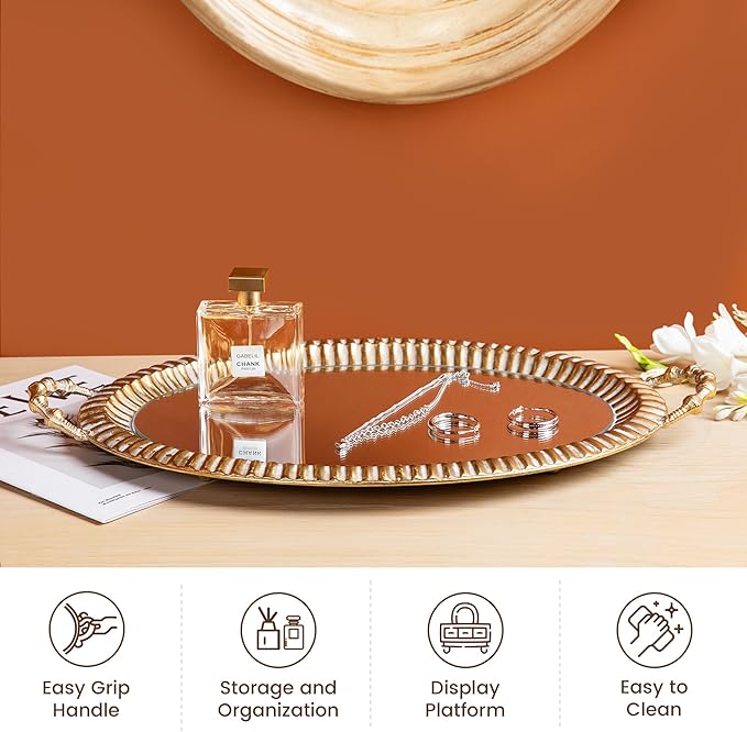 Glitzhome Set of 2 Oversized Vintage Gold Mirror Decorative Trays with Handles, Oval Metal Vanity Jewelry Tray Perfume Dresser Tray, Elegant Jewelry Organizer Makeup Trays