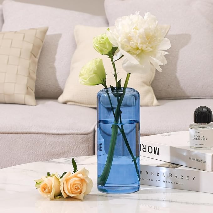 ComSaf Glass Flower Vase, 8 Inch Tall Bud Vases, Home Decor Vases for Centerpiece for Living Room and Bedroom, Decorative Vases for Wedding, Valentines' Day, Mother's Day (Blue)