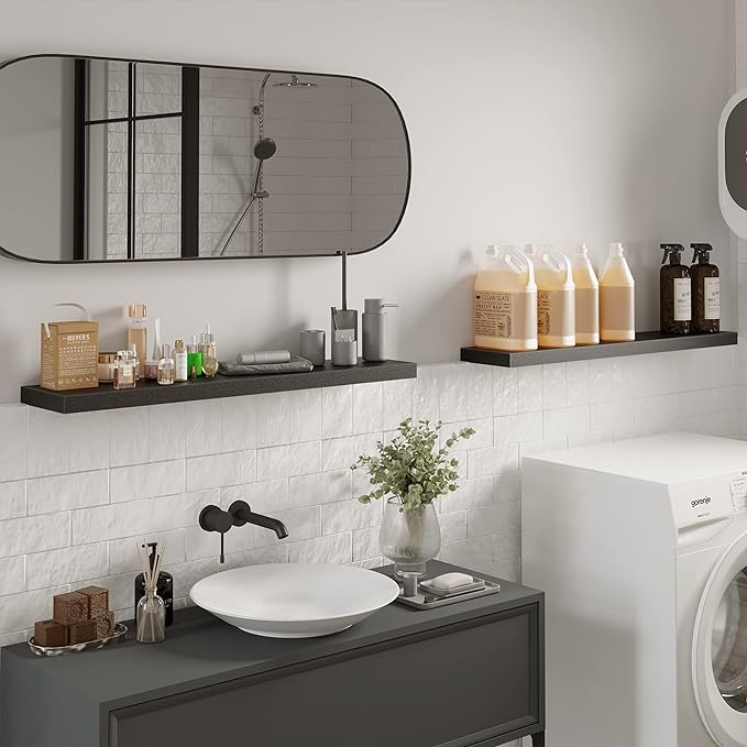 BAMEOS Floating Shelves, Black Wall Mounted Wooden Shelves with Invisible Brackets Set of 2,47 x 9