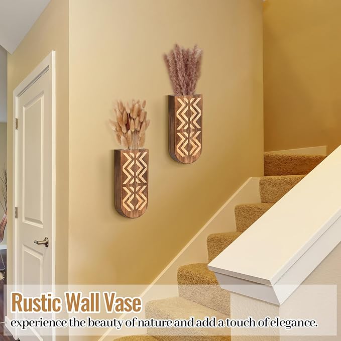 2 Pack Wooden Wall Vase Set, Wall Planter for Indoor Plants, Modern Farmhouse Art with Carving, Boho Wall Decor for Entryway, Hallway, Bathroom, Living Room, Dining Room