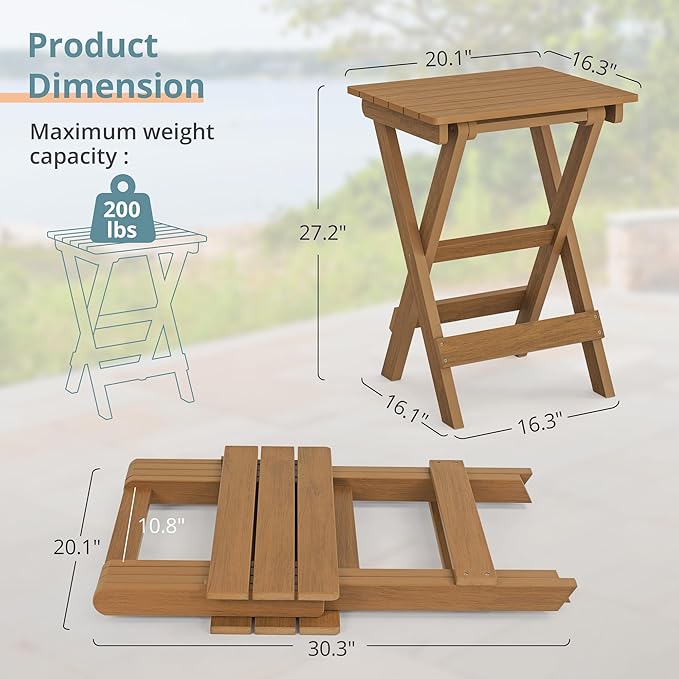 LUE BONA 27 inch Folding Side Table, HDPS Outside End Table for Patio, Porch, Deck, Pool, Weather Resistant, Teak Color Oil Printed