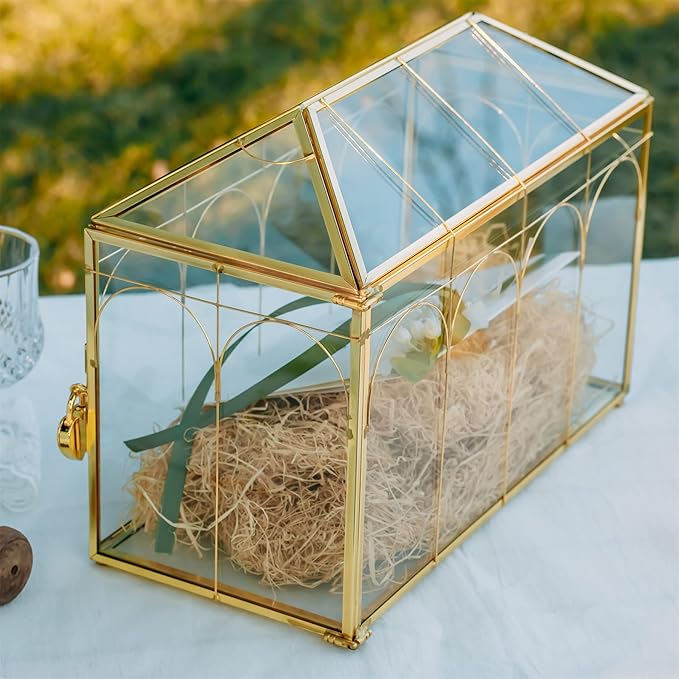 NCYP Glass Cards Box with Slot and Lock for Wedding - 12.6" x 5.9" x 9" Geometric Vintage Envelops Wishwell Card Holder - Tabletop Reception, Birthday Party Decor, Gold (Glass Box Only)
