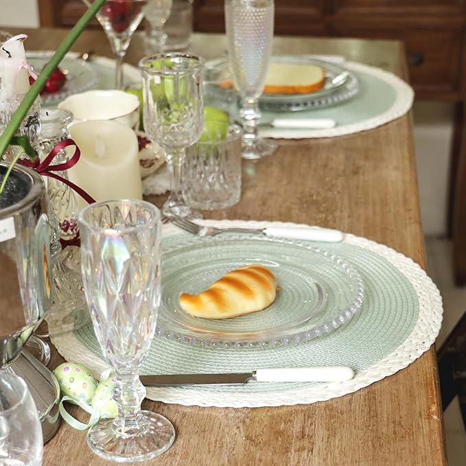 Noctiflorous Round Braided Placemats Set of 8 Table Mats 15 Inches Washable Heat Resistant for Dining Table Non-Slip Indoor Outdoor Place Mats for Easter(02 White Edge Green 8)
