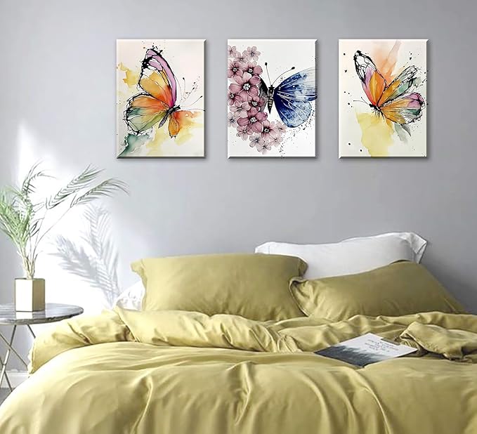 JiazuGo Butterfly Wall Decor - Colorful Butterfly Canvas Wall Art for Girls Bedroom Modren Butterflies Nursery Decor Posters Artwork Bathroom Home Decorations 12" X 16" X 3 Pieces