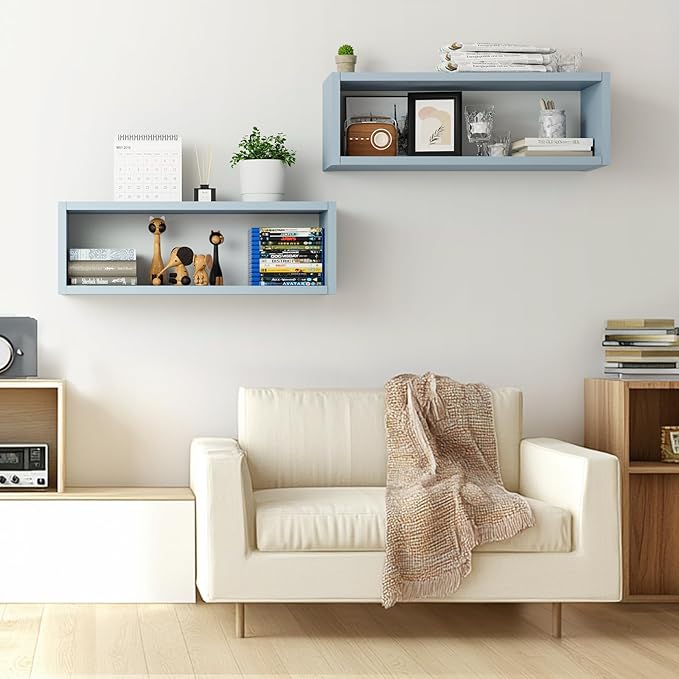 Kaboon 24in Floating Cube Shelves Set of 2, Display Shelves Wall Mount, Decorative Hanging Shelves for Kitchen Living Room Office,(Grayish Blue, Rectangle 2 Cubes)