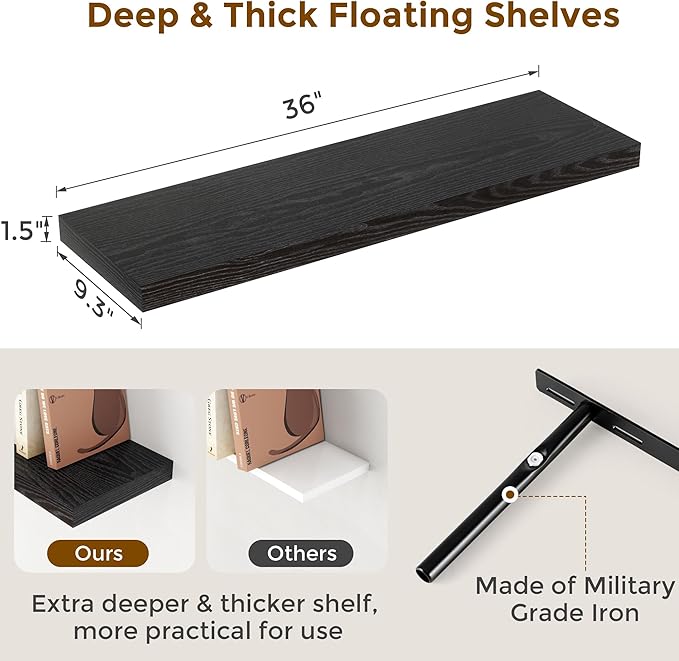 Floating Shelves Black 36 Inch Long, 9.3" Deep Floating Shelf Wall Mounted, Rustic Deep Bookshelf, Large Display Storage Shelves for Bathroom, Bedroom, Kitchen, 36"W x 9.3"D x 1.5"H, Set of 2