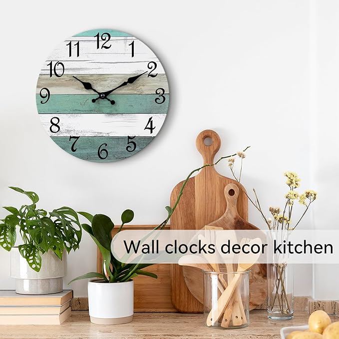 CHYLIN Wall Clock,14 Inch Wall Clocks Battery Operated Silent Non Ticking, Teal Turquoise Rustic Clock Decorative for Kitchen Bathroom Bedroom Living Room(Bronze White)