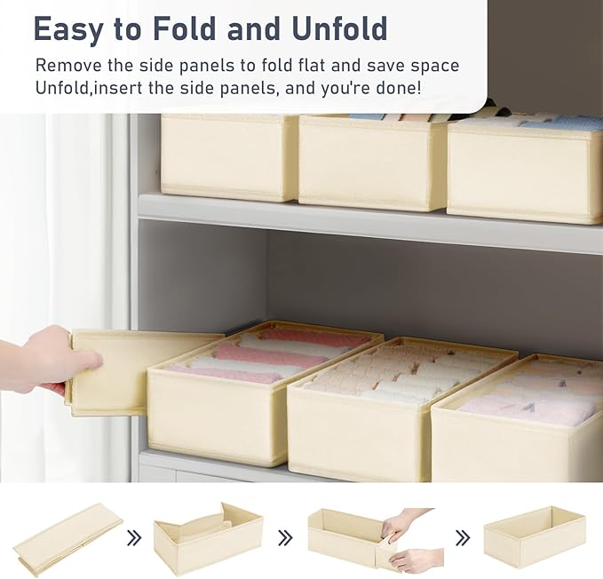 DIMJ Drawer Organizer - Small Clothes Organizer Set of 3, Drawer Dividers for Baby Clothes, Underwear, Socks, Bra, Belt, Tie - Beige