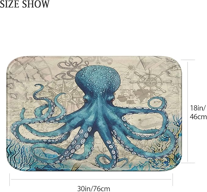 Britimes Blue Bath Mat for Bathroom, Sea Theme Octopus Washable Cover Floor Rug Carpets Floor Mat Bathroom Decorations 18x30 Inches for Kitchen Bedroom Indoor