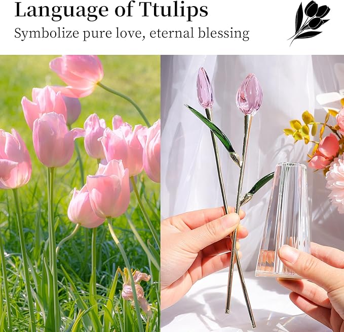 LONGWIN Crystal Tulips Flower Figurine Collectible with Vase Glass Spring Bouquet Flowers with Stem Home Decor Gift for Women Mom
