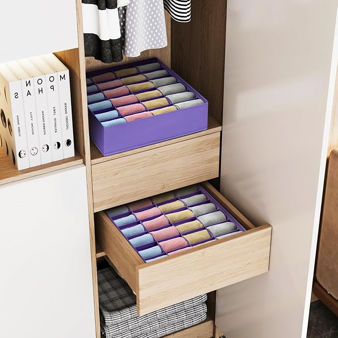 Joyoldelf Sock Drawer Organizer Divider 2 Packs Underwear Organizer, 24 Cell Closet Organizers and Storage Organizer Sock Holders Organizers for Storing Socks, Handkerchiefs, Ties, Belts (Purple)