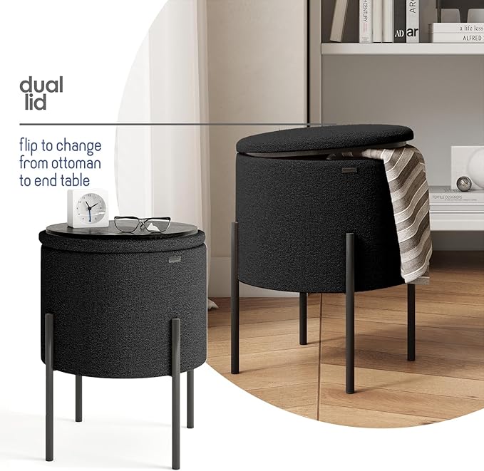 StorageBud Round Ottoman with Storage, Boucle Storage Ottoman, Foot Stool Ottoman, Makeup Vanity Stool, Small Ottoman Foot Rest, Modern Ottomans for Living Room and Bedroom, Black