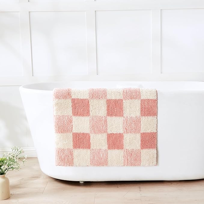 CozeCube Checkered Bath mats for Bathroom Non Slip, Fluffy Absorbent Microfiber Bath mat Washable, Aesthetic Bathroom Rugs, Cute Bath mat for Shower Sink, Blossom Pink, 32" x 20"
