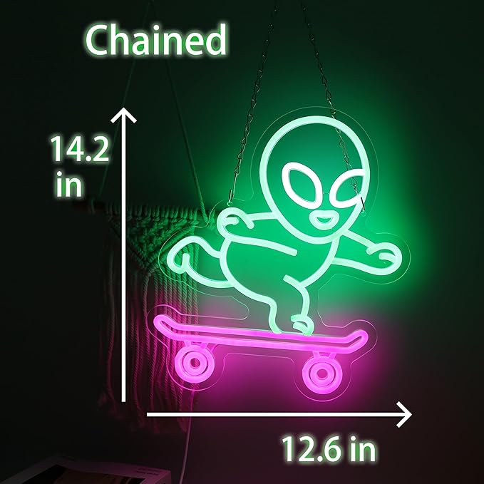 Alien Skateboard Neon Cool LED Light Up Sign For Room Wall decor Neon Alien Sign for Teen Boys Room Decor Dimmable LED Sign for Wall Art Gifts 12.6 * 14.2IN