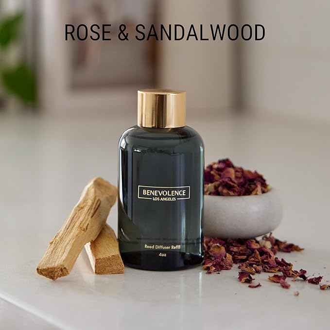 Benevolence LA Rose & Sandalwood Reed Diffuser Oil Refill | Long Lasting Home Fragrance for Bathroom and Bedroom | Essential Oils for Relaxation - 4 oz