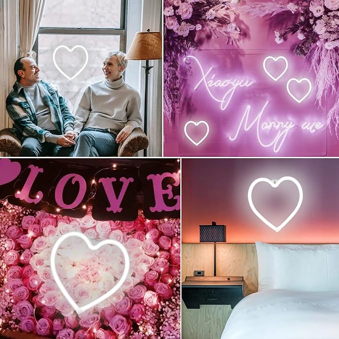 Heart Neon Lights Christmas Decorations, Love Shaped Lamp USB/Battery Operated Night Lights for Gift, Bedroom, Wall, Festival, Party, Valentine’s Day Decor-Heart(White)