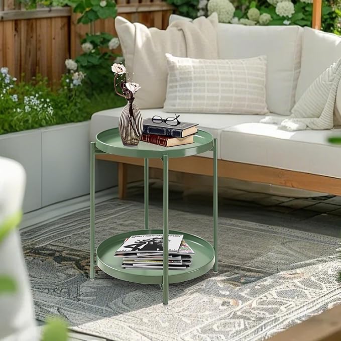 TeoKJ 2 Tier Green Side Table, Folding Round Metal End Table Small Nightstand with Two Removable Tray for Bedroom Living Room Bedside Small Spaces Dark Green