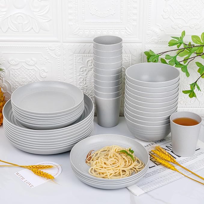 LIYH 48 Pcs Wheat Straw Dinnerware Set,Plates and Bowls Set,Camping Dish Set for 12, Plastic Dinnerware Set,Dishwasher Safe Dinnerware Set, Unbreakable Plates,Camping Dish Sets (Light Grey)