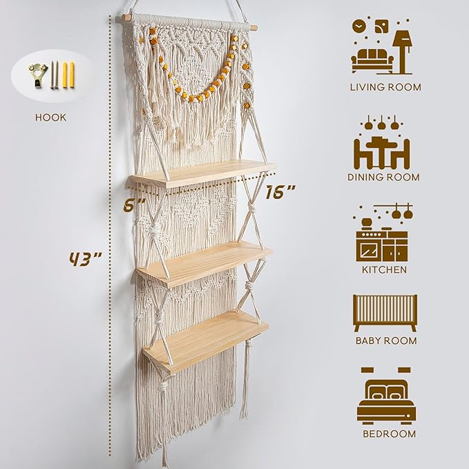 jontell Macrame Wall Hanging Shelf- Macrame Shelves Handmade Decorative Floating Boho Shelf-Plant Shelf Display Rack to Organize and Decor for Living Room, Bedroom, Bathroom