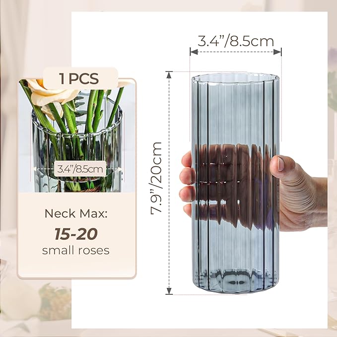 ComSaf Glass Cylinder Vases, Bud Vase for Centerpieces, 8 Inch Tall Ribbed Vase Hurricane Floating Candle Holder, Decorative Flower Vases for Wedding Reception, Home Decor, Housewarming Gift (Grey)