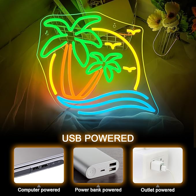 NOSUN Tropic Neon Sign Palm Tree Neon Signs for Wall Decor Hawaiian LED Neon Lights Coconut Tree Tropic Neon Signs for Bedroom Bar Party Men Cave Game Room Sea Neon Light Sign Tropic Wall Art Decor