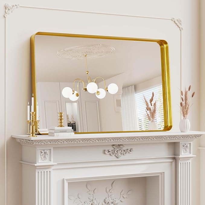 Koonmi Gold Bathroom Mirror for Wall, 30x40 Inch Matte Metal Deep Framed Rounded Corner Wall Mirror, Shatterproof Tempered Glass for Farmhouse Bedroom Entryway, Vertically or Horizontally