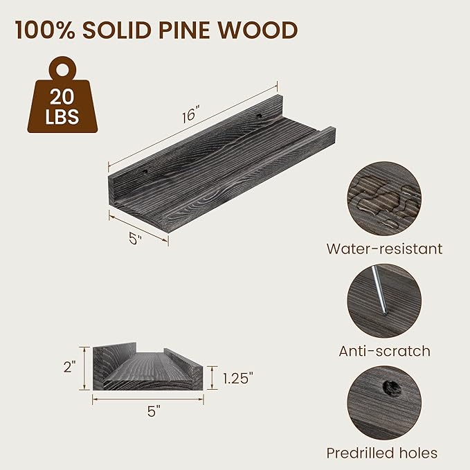 Picture Ledge Shelf, Solid Pine Wood Rustic Floating Shelves for Wall, 16 Inch Floating Shelves with Lip for Bedroom Kitchen Living Room Nursery Display Wall Decor, Set of 2 (Grey)