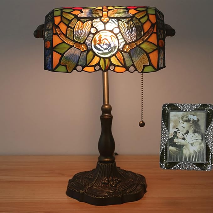 Tiffany Style Bankers Table Lamp Stained Glass Piano Desk Lamp Vintage Bedroom Bedside Lamp for Study,Antique Alloy Base,Zipper Switch,Dragonfly b